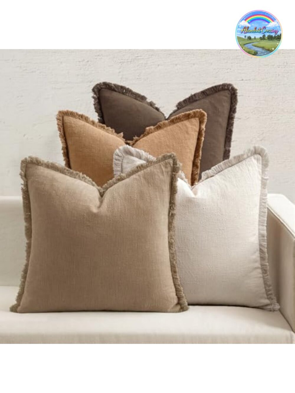 Set of 4 Linen Blend Fringe Throw Pillow Covers Square 18x18